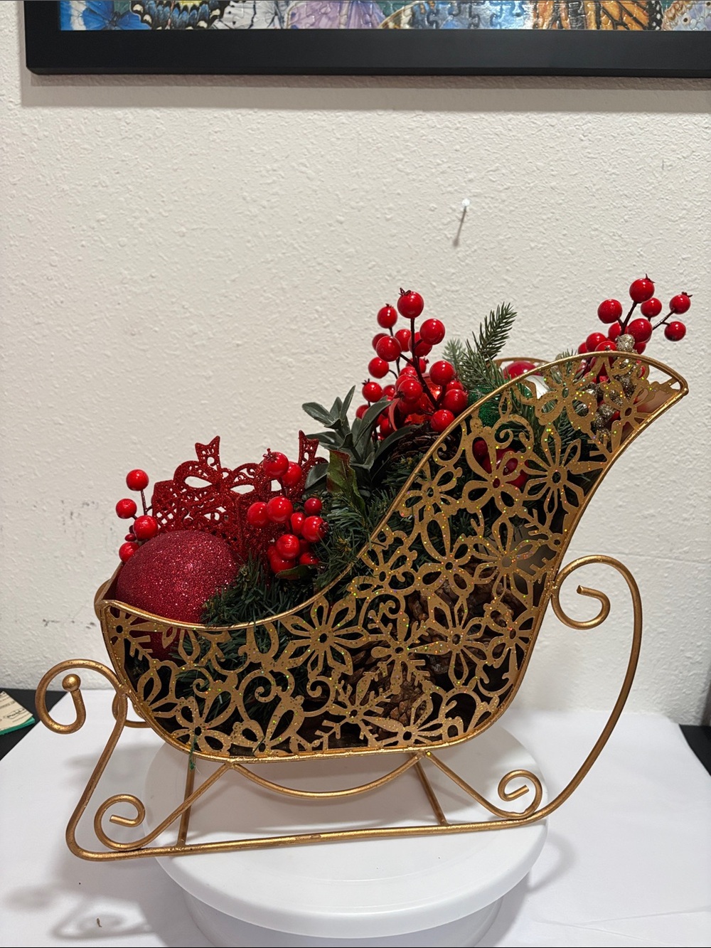 Gold Decorative Holiday Sleigh Centerpiece with Red Accents - Picture 4 of 5